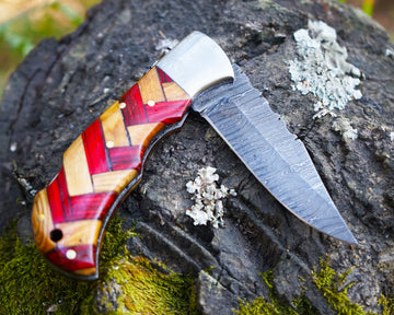 Handmade Premium Damascus Folding Knife - Made for Hunting and Survival | Sharp pocket knife with sheath